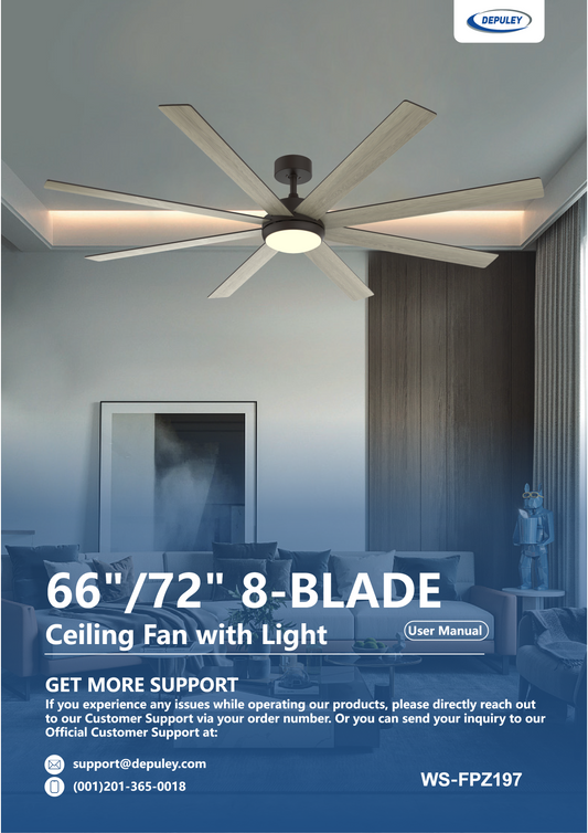 WS-FPZ197 Depuley 66/72" Ceiling Fan Light - Large 8-Blade Brown/Wood Grain User Manual - DEPULEY