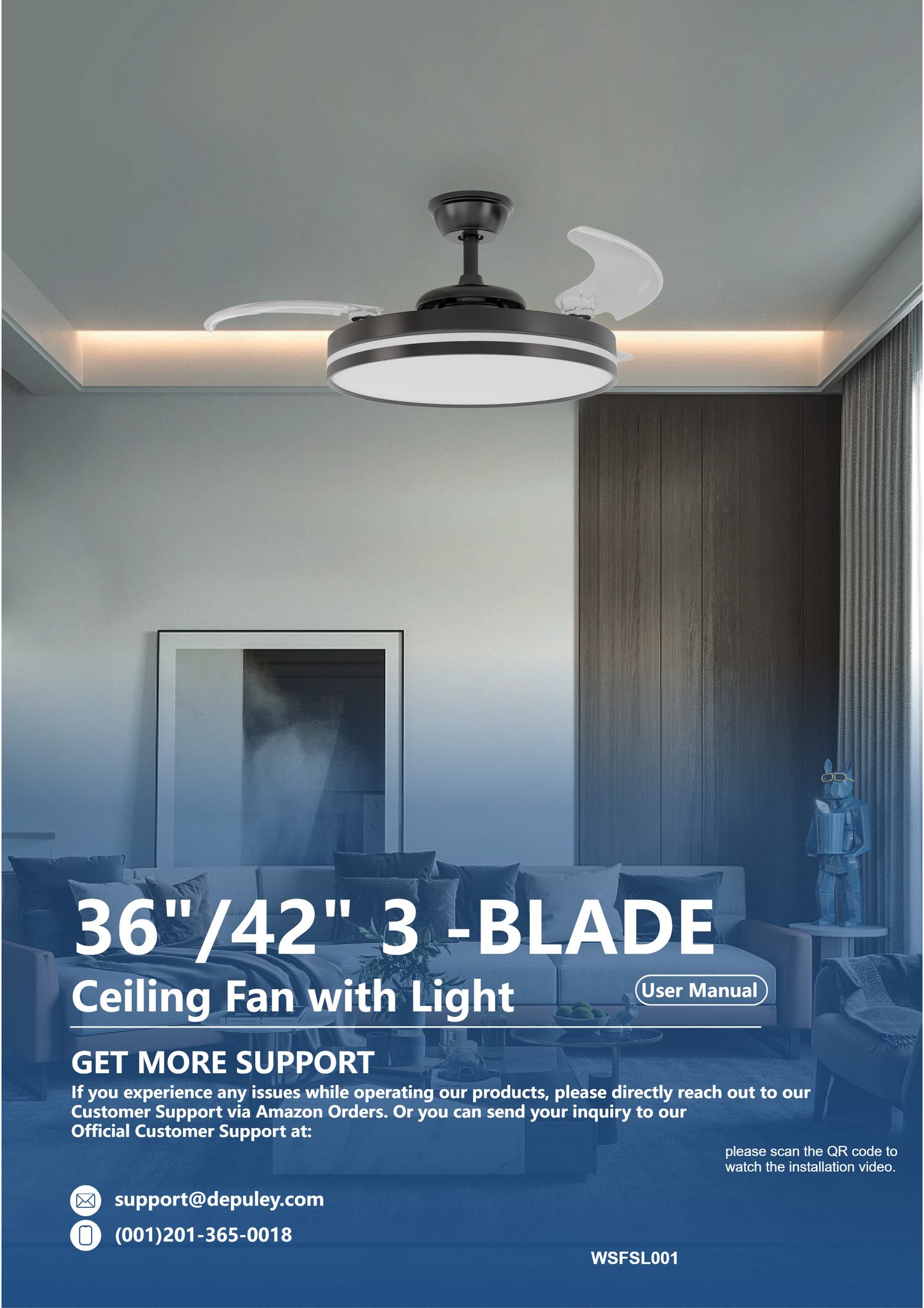 WSFSL001 42" 3-Blade Retractable Ceiling Fan Light User Manual - Black / Nickel / White