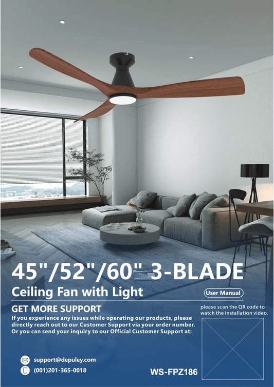 WS-FPZ186 | Depuley 45/52/60 inch 3 Blades Flush Mount Low Profile Ceiling Fan for Bedroom - DEPULEY