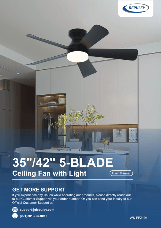 WS-FPZ194 Standard Flush Mount 5-Blade Fan Light User Manual - DEPULEY