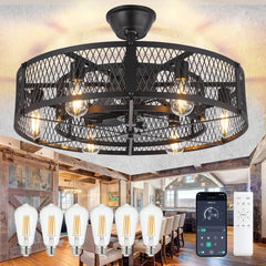 26" Caged Ceiling Fan with Lights and Remote – Industrial Bladeless Fandelier with 6 E26 LED Bulbs – Matte Black Farmhouse Ceiling Fan for Bedroom, Kitchen, Dining Room - 2 | DEPULEY