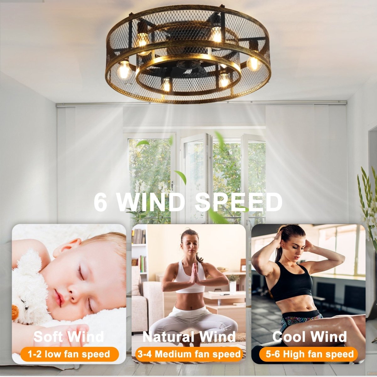 Depuley 25.6'' Caged Flush Mount Ceiling Fan with Lights Remote Control, Farmhouse Enclosed Ceiling Fan, Low Profile Vintage Ceiling Fan Lighting Fixture for Bedroom Kitchen - WS-FPZ58-60B-BC 10 | DEPULEY