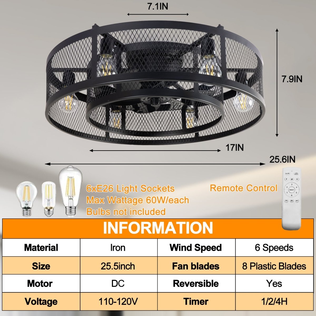 Depuley 25.6'' Caged Flush Mount Ceiling Fan with Lights Remote Control, Farmhouse Enclosed Ceiling Fan, Low Profile Vintage Ceiling Fan Lighting Fixture for Bedroom Kitchen - WS-FPZ58-60B 3 | DEPULEY
