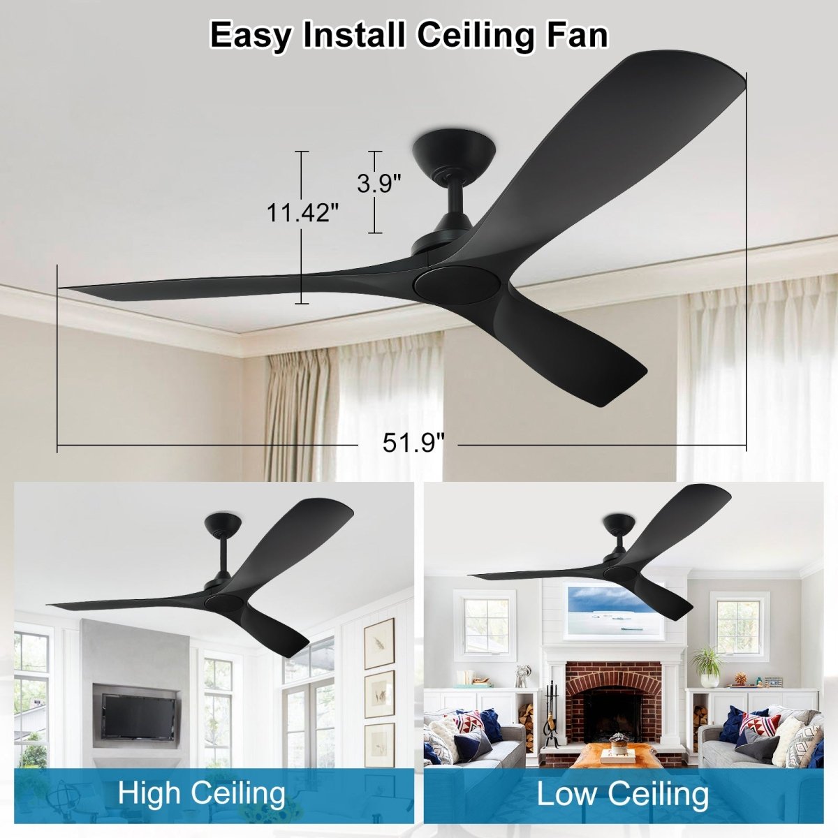 Depuley 52" Modern Ceiling Fan No Light with Remote, Indoor/Outdoor Ceiling Fan Without Light, 3 Blade Low Profile Fan for Patios/Farmhouse Reversible DC Motor, 2 Downrods, Quiet Energy Saving, Black - WS-FPZ42-18B-BL 5 | DEPULEY