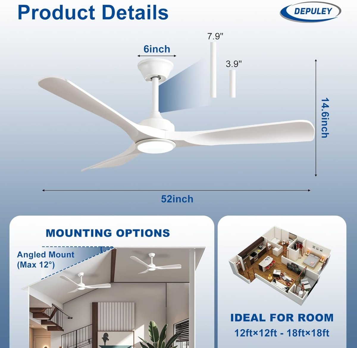 Depuley 52" Modern Ceiling Fan with Lights Remote Control, Low Profile Ceiling Fans Noiseless Reversible DC Motor for Bedroom/Living Room/Study/Patio Lighting, Timing, 3 Light Color Changeable - White - WS - FPZ40 - 18C - WH 9 | DEPULEY