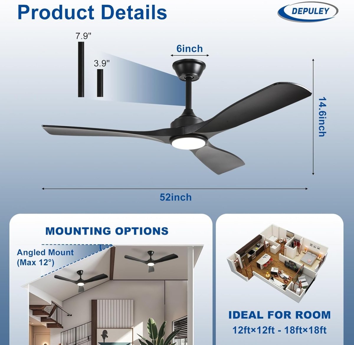 Depuley 52" Remote Ceiling Fan with Lights, Low Profile Modern Ceiling Fans, Noiseless Reversible DC Motor for Bedroom/Living Room/Study/Gazebo Lighting, Timing, 3 Light Color Changeable - Matte Black - WS - FPZ40 - 18C - BL 7 | DEPULEY