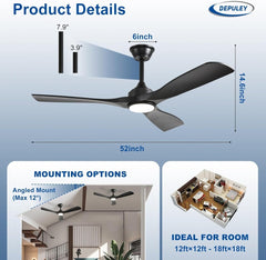 Depuley 52" Remote Ceiling Fan with Lights, Low Profile Modern Ceiling Fans, Noiseless Reversible DC Motor for Bedroom/Living Room/Study/Gazebo Lighting, Timing, 3 Light Color Changeable - Matte Black - WS - FPZ40 - 18C - BL 7 | DEPULEY