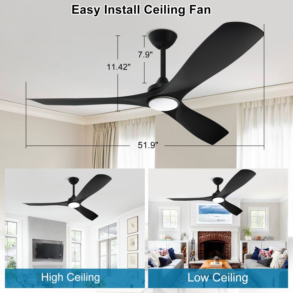 Depuley 52" Remote Ceiling Fan with Lights, Low Profile Modern Ceiling Fans, Noiseless Reversible DC Motor for Bedroom/Living Room/Study/Gazebo Lighting, Timing, 3 Light Color Changeable-Matte Black - WS-FPZ40-18C-BL 6 | DEPULEY