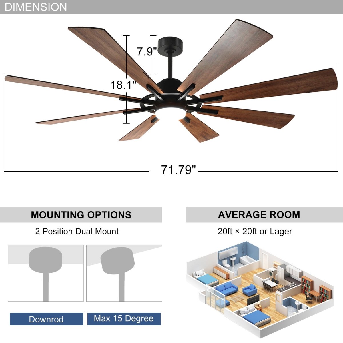Depuley 72" DC Ceiling Fan with Lights Remote Control, Large Modern Black LED Ceiling Fans, 3-Color Reversible 8 Blades 5 Speed Quiet Motor for Living Room, Patio Hall, Office & Covered Outdoor, Timer - WS-FPZ45-18C-BR 4 | DEPULEY
