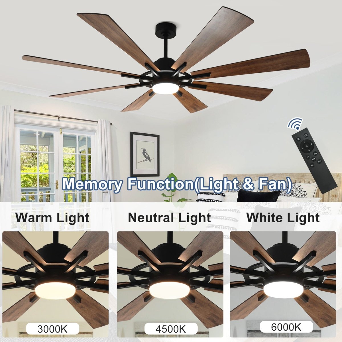 Depuley 72" DC Ceiling Fan with Lights Remote Control, Large Modern Black LED Ceiling Fans, 3-Color Reversible 8 Blades 5 Speed Quiet Motor for Living Room, Patio Hall, Office & Covered Outdoor, Timer - WS-FPZ45-18C-BR 5 | DEPULEY