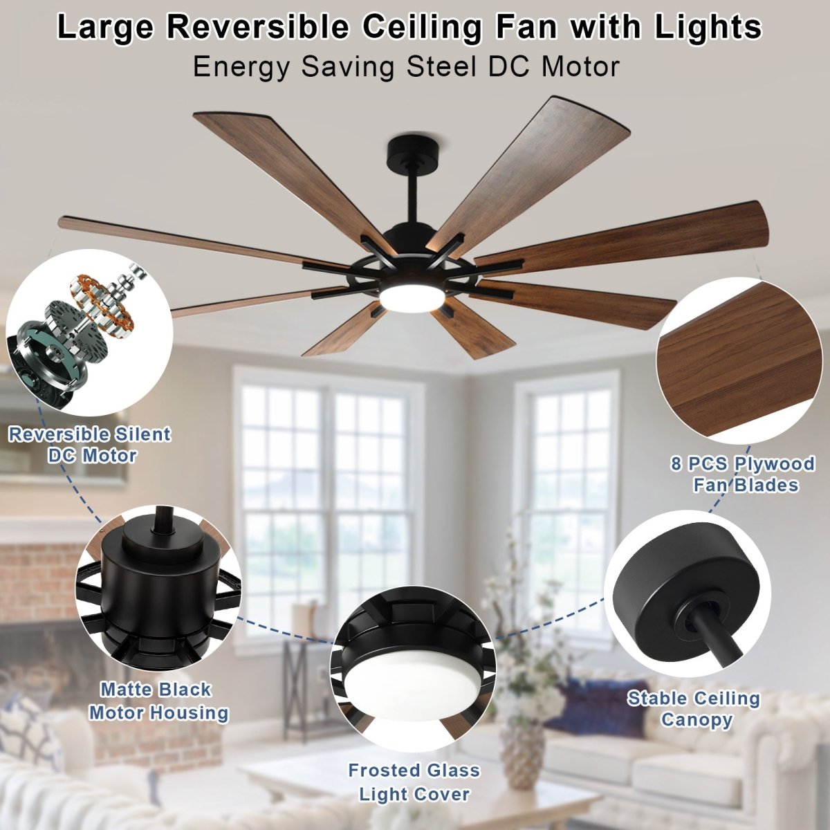 Depuley 72" DC Ceiling Fan with Lights Remote Control, Large Modern Black LED Ceiling Fans, 3-Color Reversible 8 Blades 5 Speed Quiet Motor for Living Room, Patio Hall, Office & Covered Outdoor, Timer - WS-FPZ45-18C-BR 7 | DEPULEY