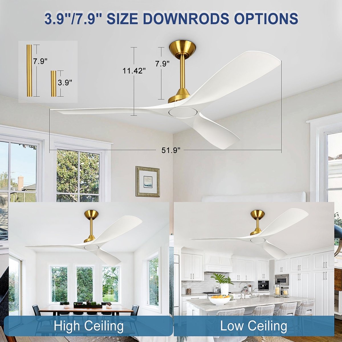 Depuley White Modern Remote Ceiling Fan No Light, Low Profile Ceiling Fans Without Light, 52 - Inch Noiseless Reversible DC Motor for Kitchen/Patio/Farmhouse & Covered Outdoor, Timing - WS - FPZ42 - 18B - WH 11 | DEPULEY