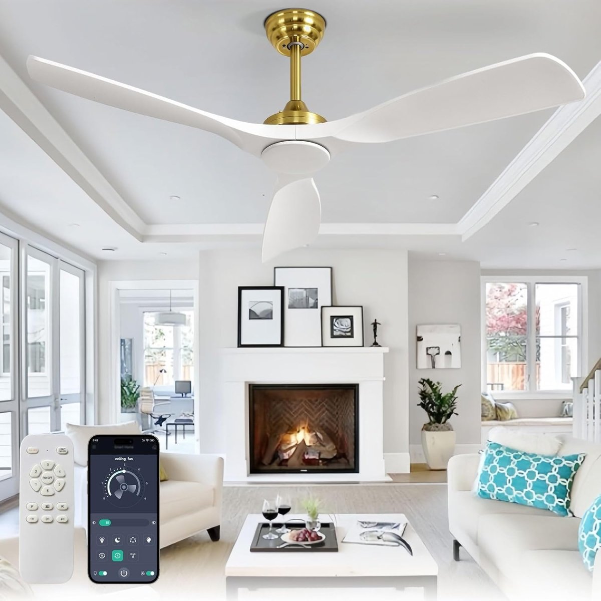 Depuley White Modern Remote Ceiling Fan No Light, Low Profile Ceiling Fans Without Light, 52 - Inch Noiseless Reversible DC Motor for Kitchen/Patio/Farmhouse & Covered Outdoor, Timing - WS - FPZ180 - 18B - WH 12 | DEPULEY