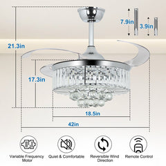 DLLT 42 In Modern Crystal Retractable Invisible Blades Fandelier, LED Chandelier Ceiling Fan with Lights and Remote for Bedroom, Living Room, 3 Color Changeable 3000K-6000K, Reversible DC Motor, 6 Speed, Silver - WS-FPZ39-36C 7 | DEPULEY