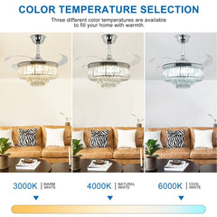DLLT 42 In Modern Crystal Retractable Invisible Blades Fandelier, LED Chandelier Ceiling Fan with Lights and Remote for Bedroom, Living Room, 3 Color Changeable 3000K-6000K, Reversible DC Motor, 6 Speed, Silver - WS-FPZ39-36C 11 | DEPULEY