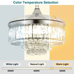 DLLT 42 In Modern Crystal Retractable Invisible Blades Fandelier, LED Chandelier Ceiling Fan with Lights and Remote for Bedroom, Living Room, 3 Color Changeable 3000K-6000K, Reversible DC Motor, 6 Speed, Silver - WS-FPZ39-36C 13 | DEPULEY
