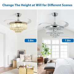 DLLT 42 In Modern Crystal Retractable Invisible Blades Fandelier, LED Chandelier Ceiling Fan with Lights and Remote for Bedroom, Living Room, 3 Color Changeable 3000K-6000K, Reversible DC Motor, 6 Speed, Silver - WS-FPZ39-36C 12 | DEPULEY