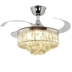 DLLT 42 In Modern Crystal Retractable Invisible Blades Fandelier, LED Chandelier Ceiling Fan with Lights and Remote for Bedroom, Living Room, 3 Color Changeable 3000K-6000K, Reversible DC Motor, 6 Speed, Silver - WS-FPZ38-27C 2 | DEPULEY