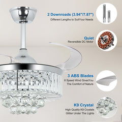 DLLT 42 In Modern Crystal Retractable Invisible Blades Fandelier, LED Chandelier Ceiling Fan with Lights and Remote for Bedroom, Living Room, 3 Color Changeable 3000K-6000K, Reversible DC Motor, 6 Speed, Silver - WS-FPZ39-36C 9 | DEPULEY