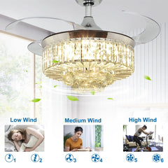 DLLT 42 In Modern Crystal Retractable Invisible Blades Fandelier, LED Chandelier Ceiling Fan with Lights and Remote for Bedroom, Living Room, 3 Color Changeable 3000K-6000K, Reversible DC Motor, 6 Speed, Silver - WS-FPZ39-36C 6 | DEPULEY