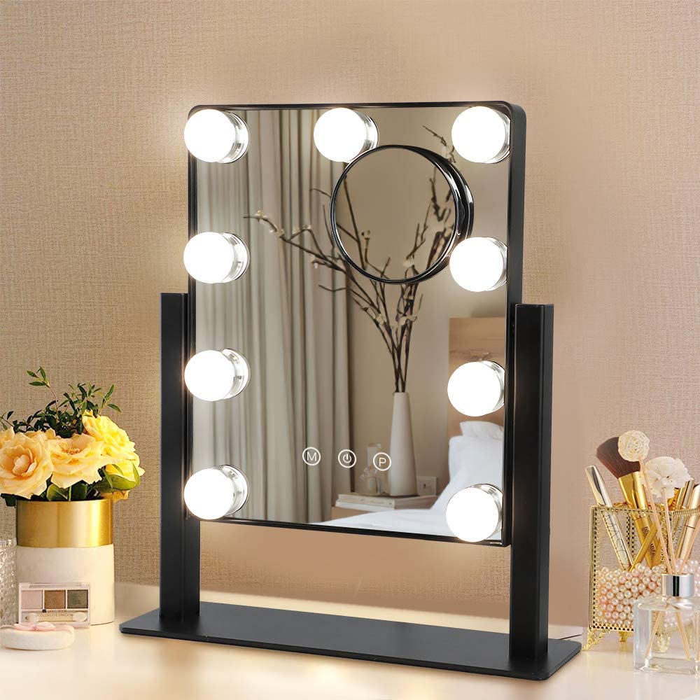 Depuley 14 x 12 in Hollywood Lighted Vanity Makeup Mirror with Lights 9 Dimmer LED Bulbs Smart Touch Control 3 Color Lighting Modes Detachable 10x M