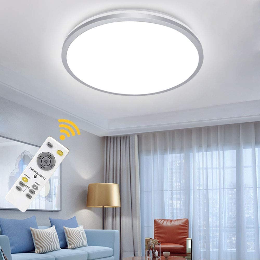 Depuley 35W Modern Dimmable LED Flush Mount Ceiling Light Fixture with Remote 15 inch Round Close to Ceiling Lights for Living Room Bedroom Dining R
