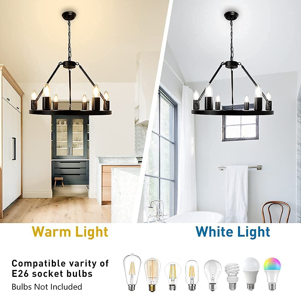 Depuley 6-Light Black Farmhouse Wagon Wheel Chandelier, Industrial Iron Kitchen Island Chandelier Light Fixture Hanging, Round Ceiling Pendant Light - WS-FND68-60B 4 | Depuley