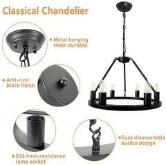 Depuley 6-Light Black Farmhouse Wagon Wheel Chandelier, Industrial Iron Kitchen Island Chandelier Light Fixture Hanging, Round Ceiling Pendant Light - WS-FND68-60B 5 | Depuley
