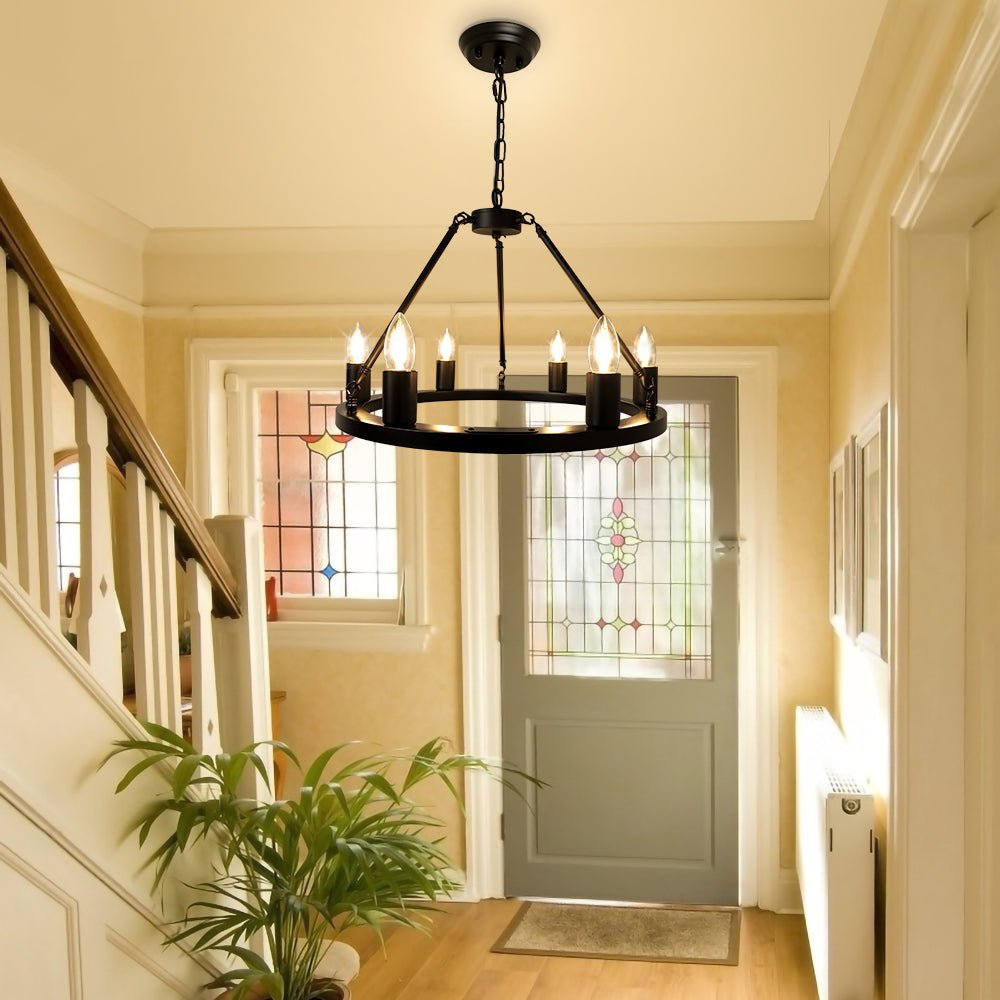 Depuley 6-Light Black Farmhouse Wagon Wheel Chandelier, Industrial Iron Kitchen Island Chandelier Light Fixture Hanging, Round Ceiling Pendant Light - WS-FND68-60B 7 | Depuley