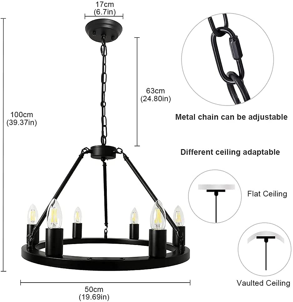 Depuley 6-Light Black Farmhouse Wagon Wheel Chandelier, Industrial Iron Kitchen Island Chandelier Light Fixture Hanging, Round Ceiling Pendant Light - WS-FND68-60B 3 | Depuley