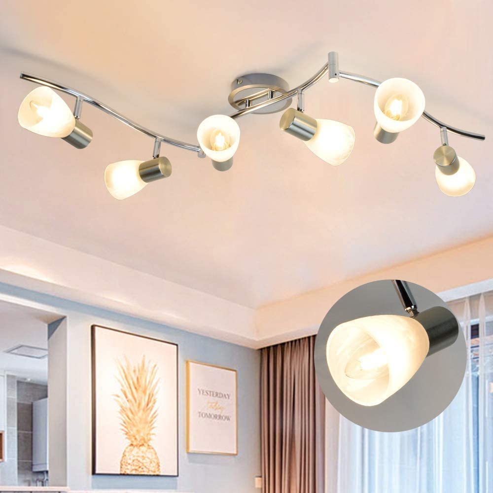DLLT 6-Light Flexible Track Lighting Rail, Modern Directional LED Spot Ceiling Light Fixture with Glass Shade, for Living Room, Dining Room, Bedroom, Kitchen, Brush Steel - WSSD04-30B 2 | Depuley