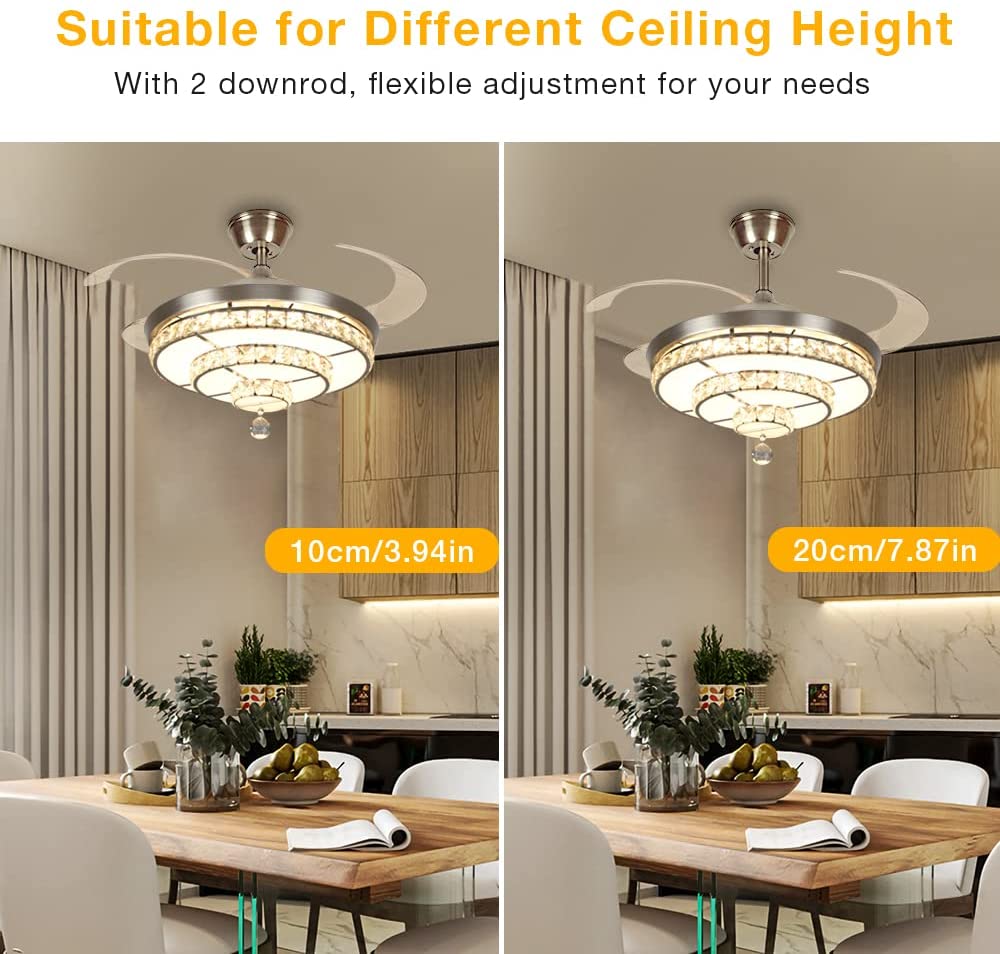 Depuley Crystal Ceiling Fan with Light, 36W Modern Ceiling Fan Remote, 3-Blade Retractable Led Fan Chandelier Outdoor/Indoor for Living Room, Bedroom, Dining Room, Color Changeable 3000K-6000K, Polished Nickel - WSFSL002-36C 9 | Depuley