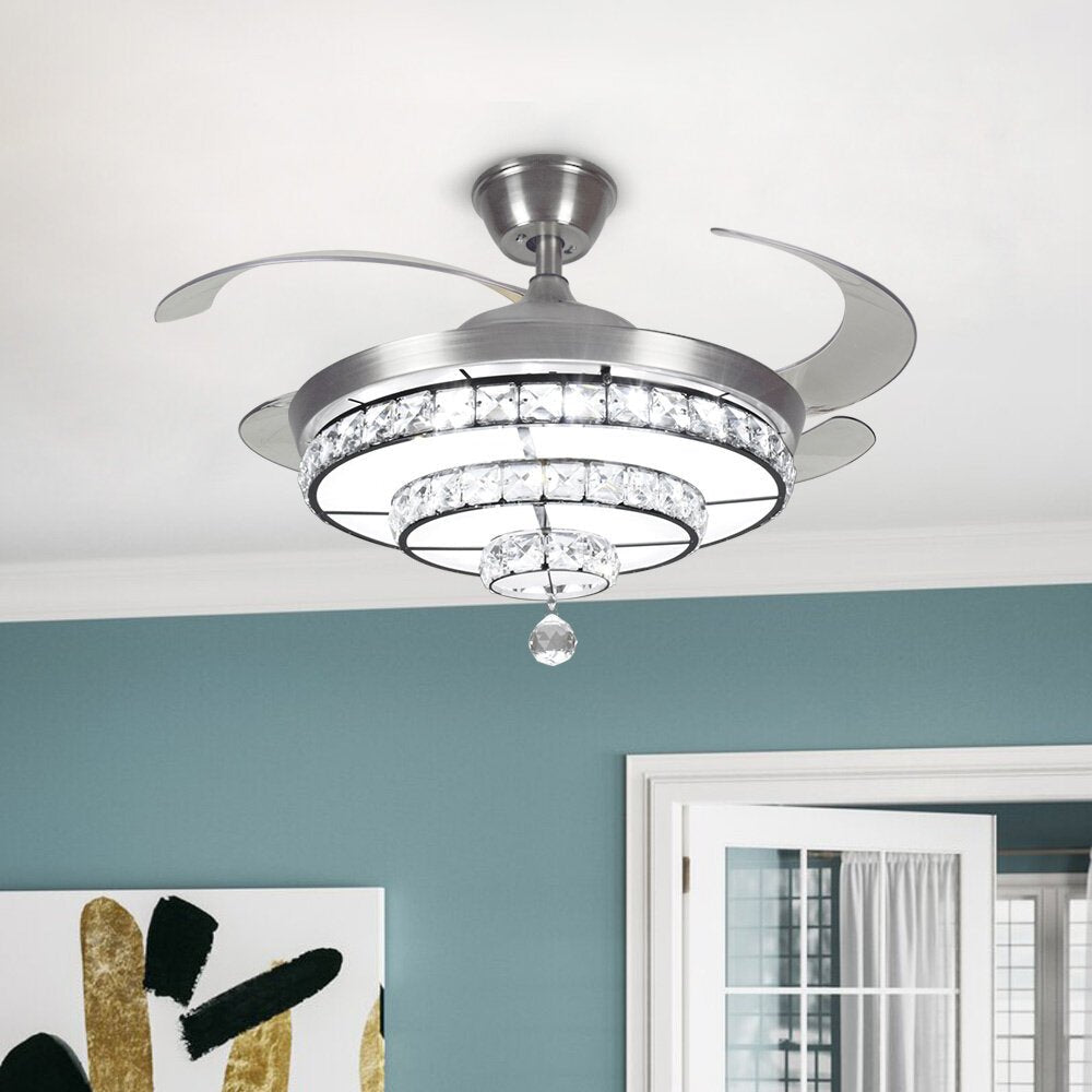 Depuley Crystal Ceiling Fan with Light, 36W Modern Ceiling Fan Remote, 3-Blade Retractable Led Fan Chandelier Outdoor/Indoor for Living Room, Bedroom, Dining Room, Color Changeable 3000K-6000K, Polished Nickel - WSFSL002-36C 18 DEPULEY DINGLILighting Store