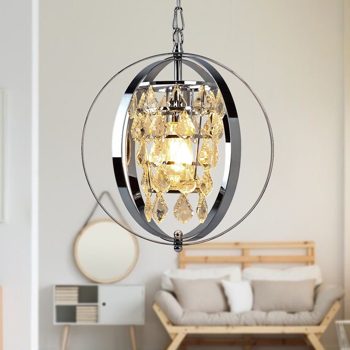 DLLT Modern Globe Crystal Chandelier Light Fixture, Industrial Adjustable Flush Mount Ceiling Pendant Lamp Hanging with Metal Frame, for Kitchen Living Room Hallway Bedroom, Chrome Finish - WSCDD18-S 8 | Depuley