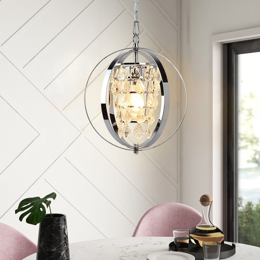 DLLT Modern Globe Crystal Chandelier Light Fixture, Industrial Adjustable Flush Mount Ceiling Pendant Lamp Hanging with Metal Frame, for Kitchen Living Room Hallway Bedroom, Chrome Finish - WSCDD18-S 14 | Depuley