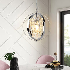 DLLT Modern Globe Crystal Chandelier Light Fixture, Industrial Adjustable Flush Mount Ceiling Pendant Lamp Hanging with Metal Frame, for Kitchen Living Room Hallway Bedroom, Chrome Finish - WSCDD18-S 14 | Depuley