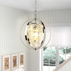 DLLT Modern Globe Crystal Chandelier Light Fixture, Industrial Adjustable Flush Mount Ceiling Pendant Lamp Hanging with Metal Frame, for Kitchen Living Room Hallway Bedroom, Chrome Finish - WSCDD18-S 13 | Depuley