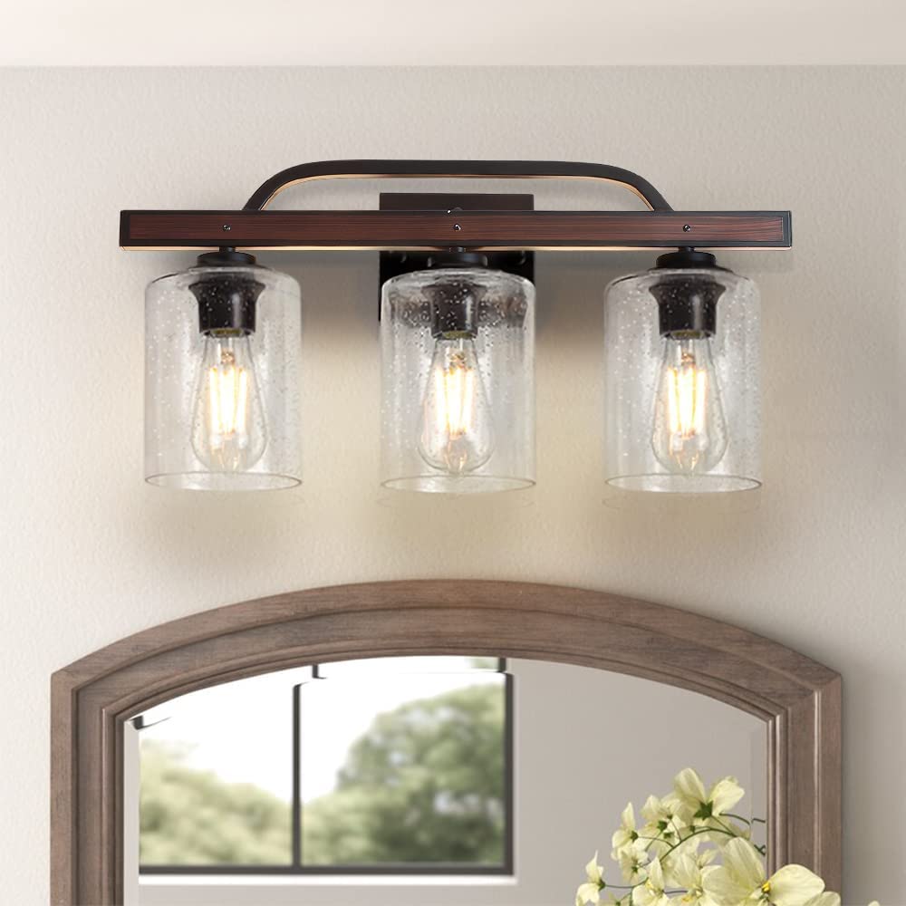 Depuley Rustic Vanity Lights 3 Light Farmhouse Bathroom Light Fixtures with Seeded Glass Shade Industrial Vintage Wall Sconces Lamp Over Mirror for