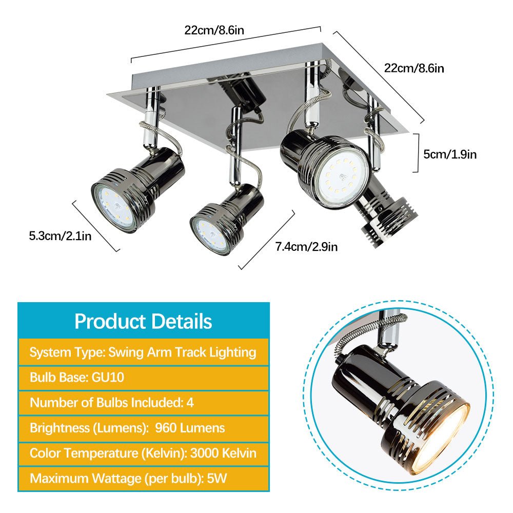 DLLT Flush Mount Industrial Track Lighting Fixture, Rotary 4-Light Square Directional Ceiling Spot Light (GU10 Bulbs Included) - WSSD06-12B 4 | Depuley