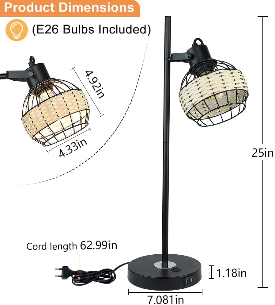 Depuley Industrial Beside Table Lamp with 2 USB Ports, Adjustable Modern Metal Nightstand Desk Lamp, 3000K Warm Light with Rattan Shade - WS-MNT31-60U 3 | Depuley