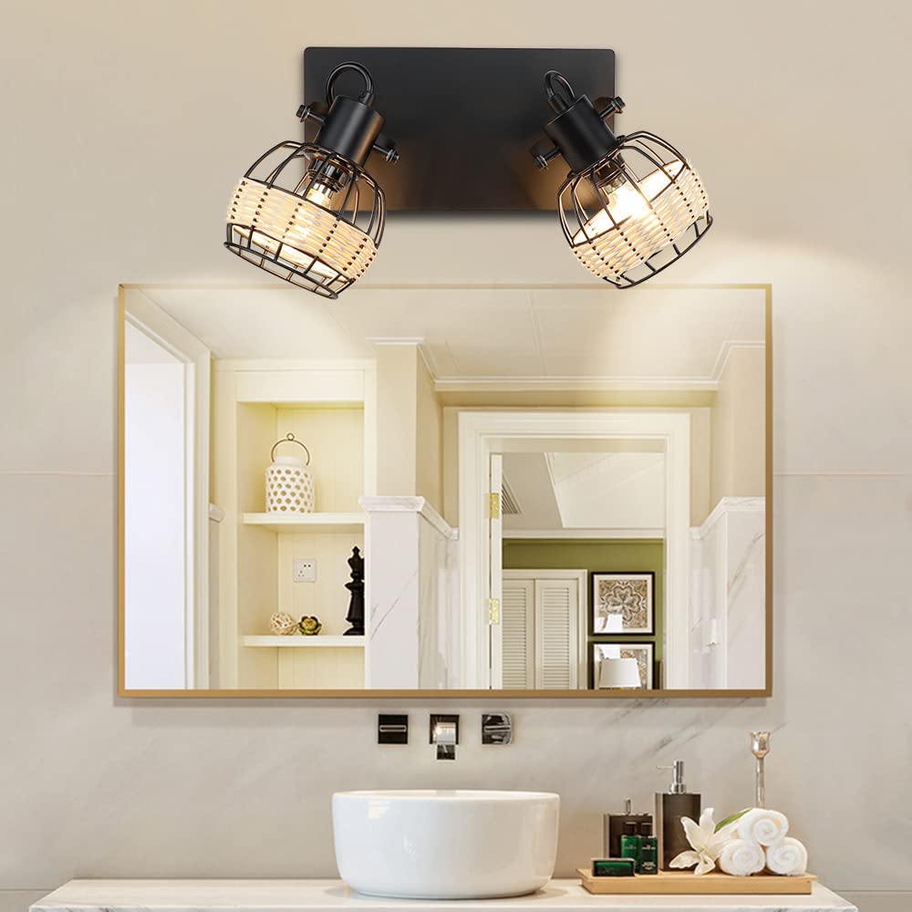Depuley Led Ceiling Light 2 Ways Rotatable Ceiling Spotlight Industrial Swiveling Kitchen Ceiling Light Rustic Wall Light with Black Metal Cage and Rattan Lampshade for Living Room, Dining Room, Bedroom - WS-FNG46-40B 2 | Depuley