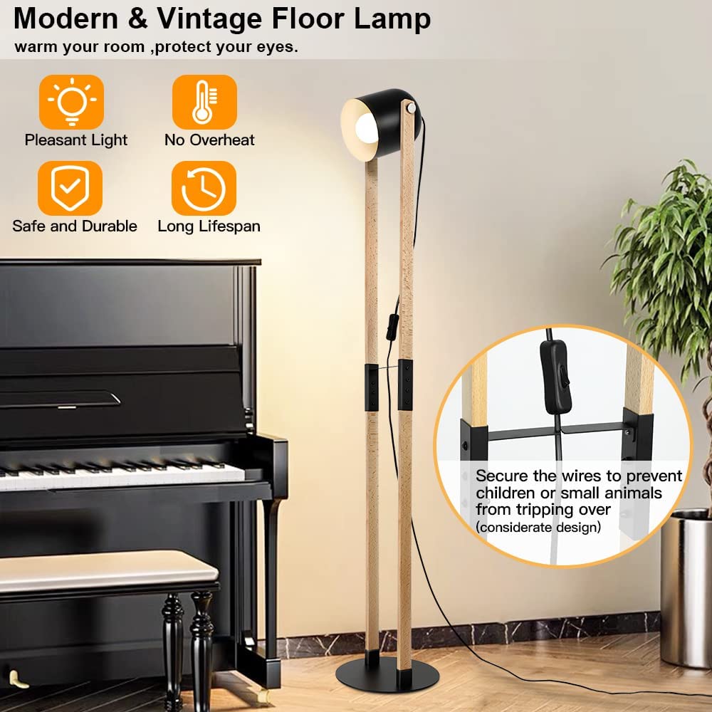 Depuley Modern Metal Wooden Floor Lamps for Living Room, 360° Heads Rotatable Standing Light with Pressure Switch, Reading Lamp for Bedroom Office Decoration, Bulb Included - WS-MNF33-60B 7 | Depuley
