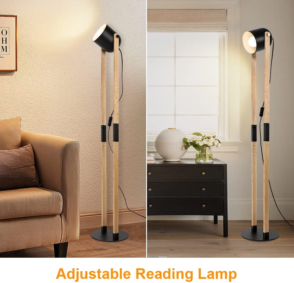 Depuley Modern Metal Wooden Floor Lamps for Living Room, 360° Heads Rotatable Standing Light with Pressure Switch, Reading Lamp for Bedroom Office Decoration, Bulb Included - WS-MNF33-60B 2 | Depuley
