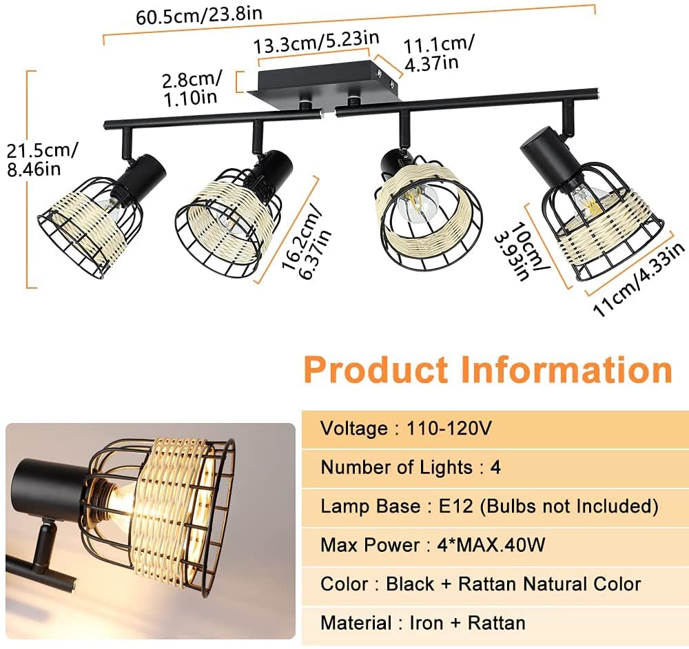 Depuley Modern Track Lighting Kit, 4-Head Rattan Track Wall Spotlight,with Woven Cage - WS-FNG51-40B 5 | Depuley