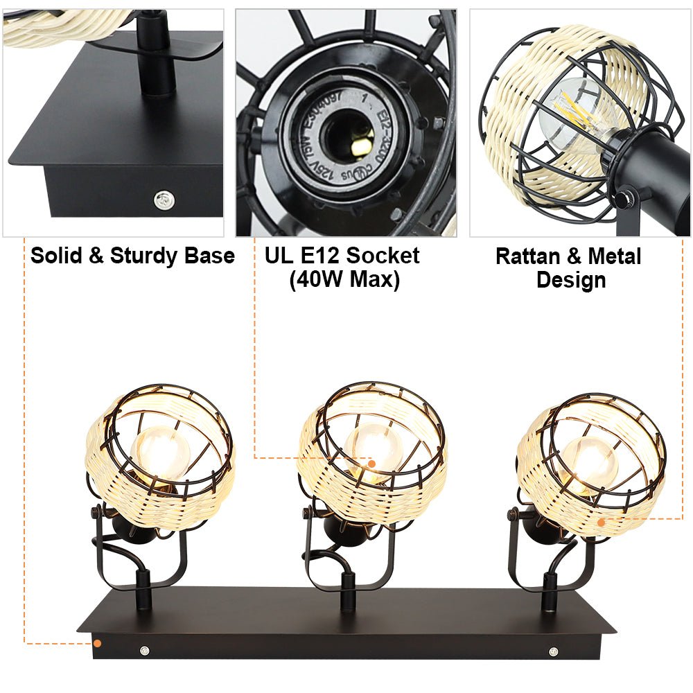 Depuley Rustic Metal and Rattan 3-Light Wall Light, with Variable Direction Lampshade - WS-FNG47-40B 5 | Depuley