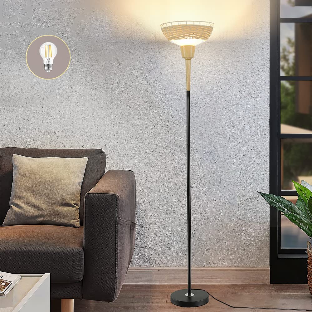 Depuley Sky LED Torchiere Standing Floor Lamp, Modern 69 inch Tall Pole  Light with Rattan and Glass Shade, Uplight Lamps Lighting for Living Room  Bedroom Office, 9W 3000K – DEPULEY