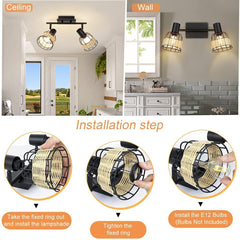 Depuley 2 Way Spotlight Ceiling with Swiveling Spots Heads, Ceiling Light Hollow Design,Iron Rattan Lampshade, Spot Lights for Kitchen, Living Room, Bedroom,Black - WS-FNG49-40B 8 | Depuley