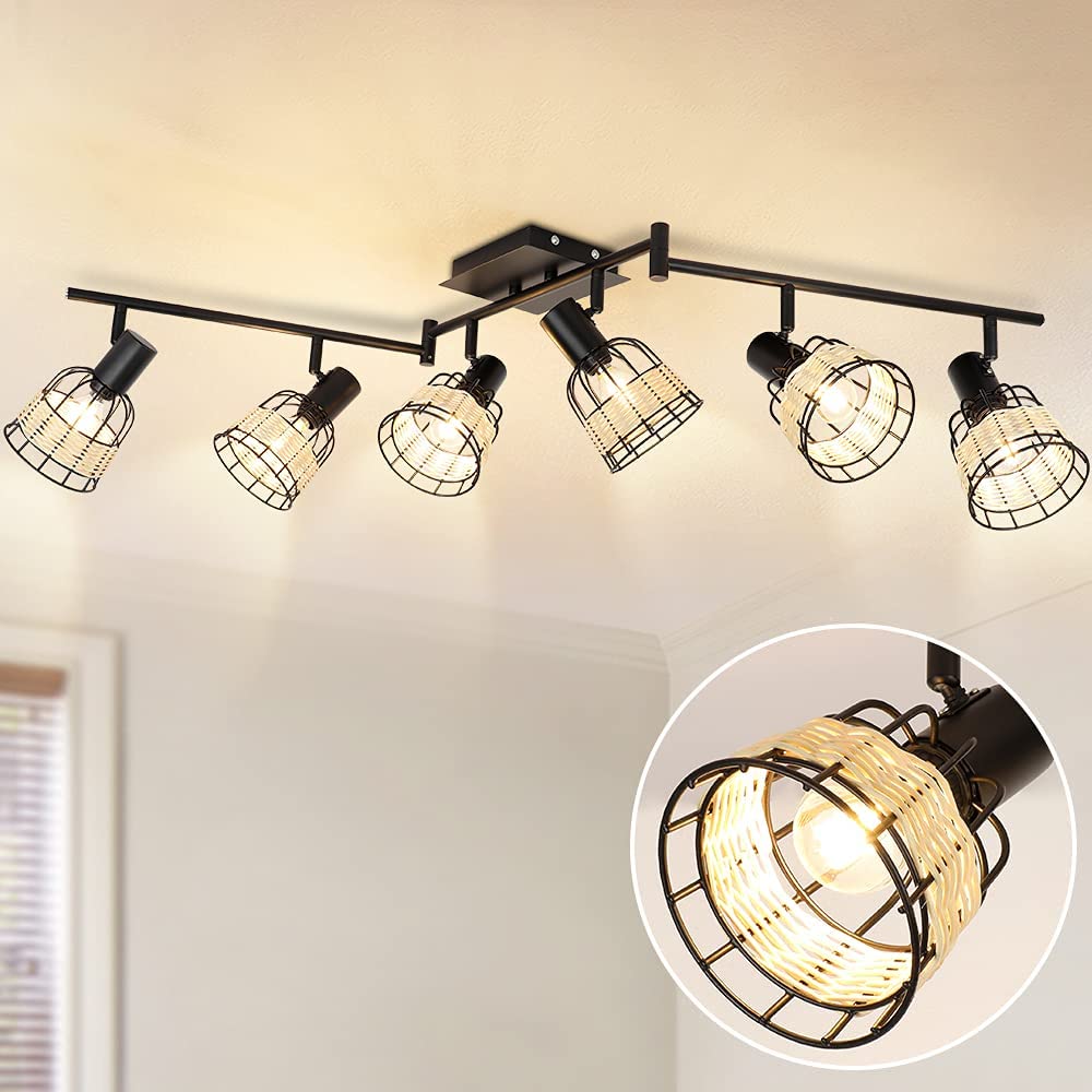 Depuley Vintage Track Ceiling Spotlight 6 Head Bamboo LED Track Lighting Kit Industrial Track Lamp Rattan Caged Wall Light Fixture for Kitchen Isla