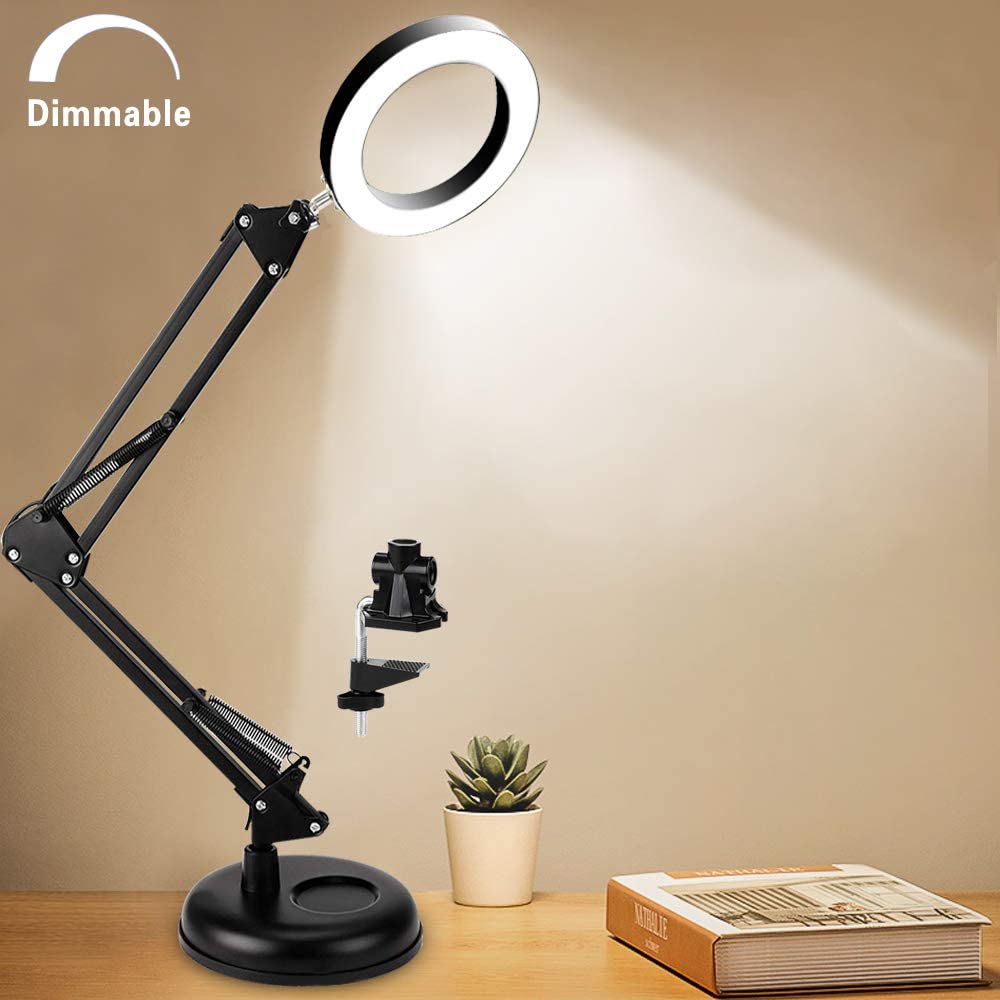 LED Magnifying Lamp with Clamp - 5X Magnifying Glass with LED Light  Flexible Arm 10 Level Brightness 3 Colors Workbench Light with Clip