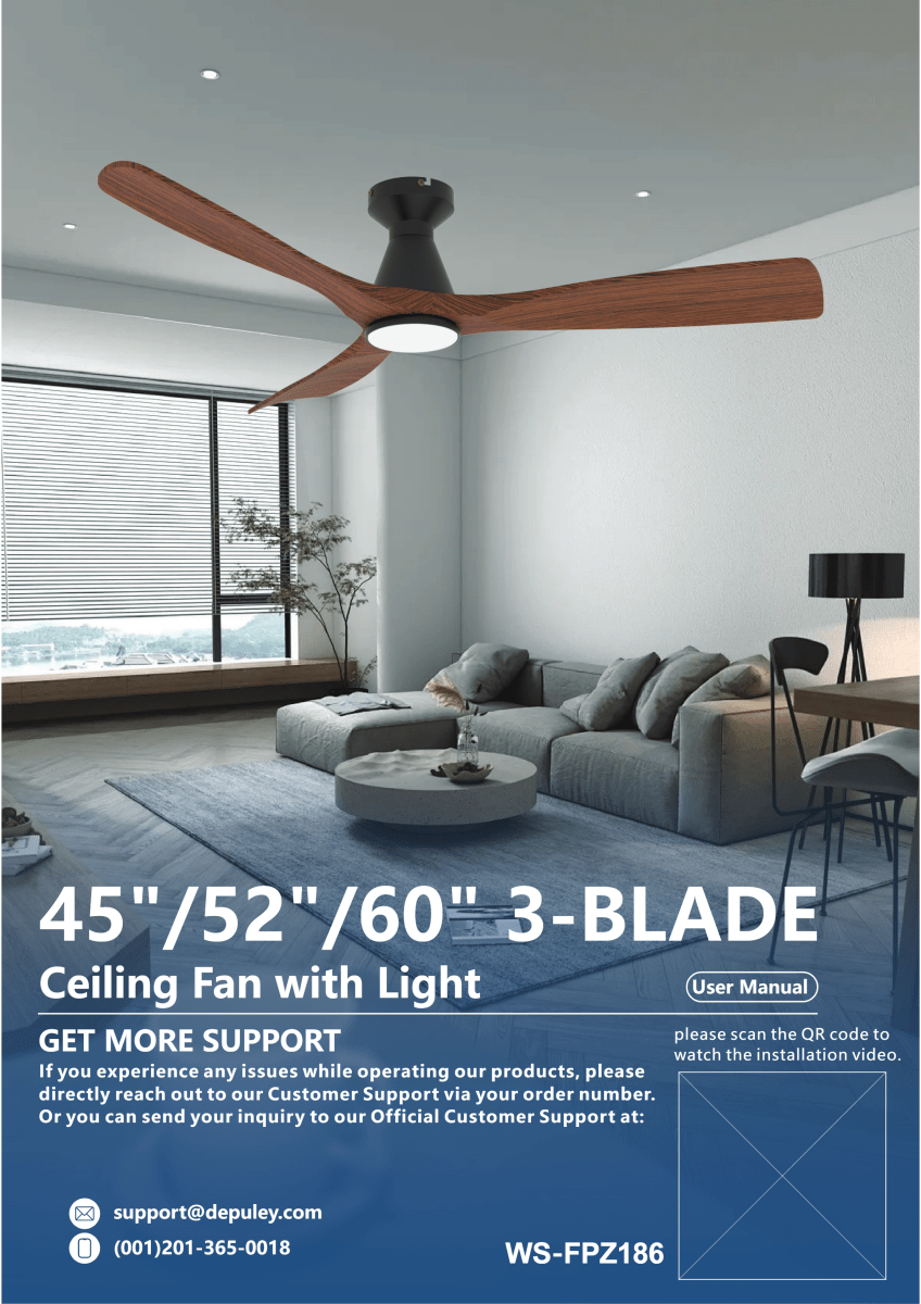 WS-FPZ186 | Depuley 45, 52, 60 inch 3 Blades Flush Mount Low Profile Ceiling Fan for Bedroom - DEPULEY